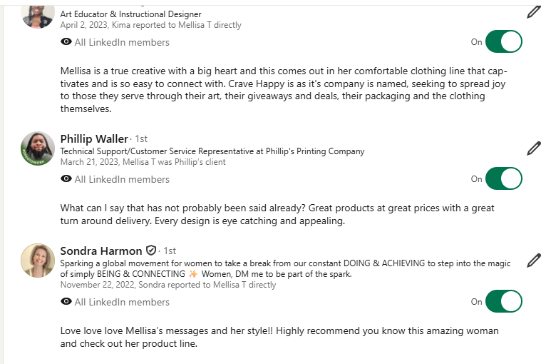 Second LinkedIn recommendation screenshot for Crave Happy