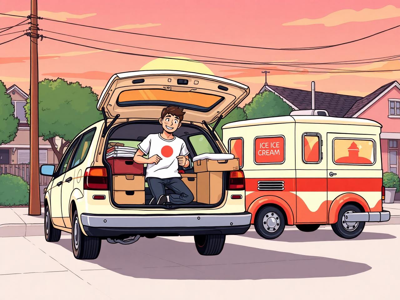 Anime illustration of a man packing folded Crave Happy t-shirts into cardboard boxes in the back of a small delivery car beside a vintage ice cream truck at sunset