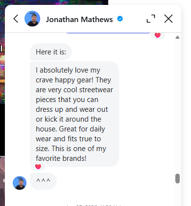 Instagram DM praising Crave Happy streetwear